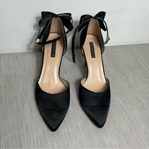 Black Satin Heels with Bow Detail